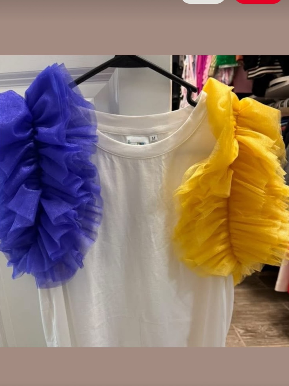 QUEEN OF SPARKLES White Tee with Purple & Yellow Ruffle Sleeve Accents